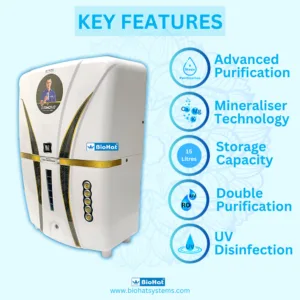 BioHat Diamond RO Water Purifier ( White ) | RO + UV + Advance Taste Enhancer (MTDS) + Copper Technology by BioHat | 15 Liter Storage Tank | 8 Stages Purification | Best Home Water Purifier