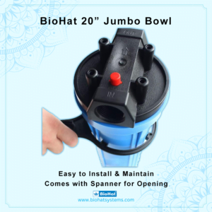 BioHat 20 Inch Jumbo Whole House Pre Filter Housing/Bowl With 1.5 Inch Inlet/Outlet Size | 20 Inch Jumbo Housing with Spun Filter (20 * 4.5 Inch ), Spanner